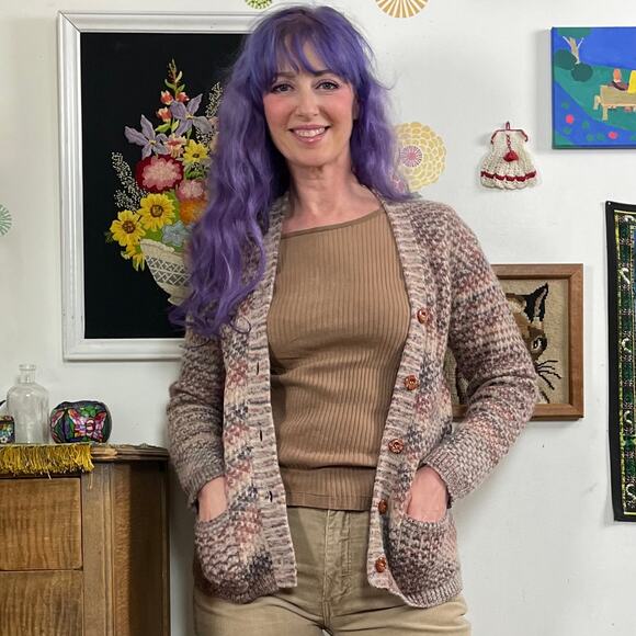 Vintage Grandpa Cardigan, 1970s Brown Space Dye V-Neck Button Front Sweater Sz S - Picture 10 of 10